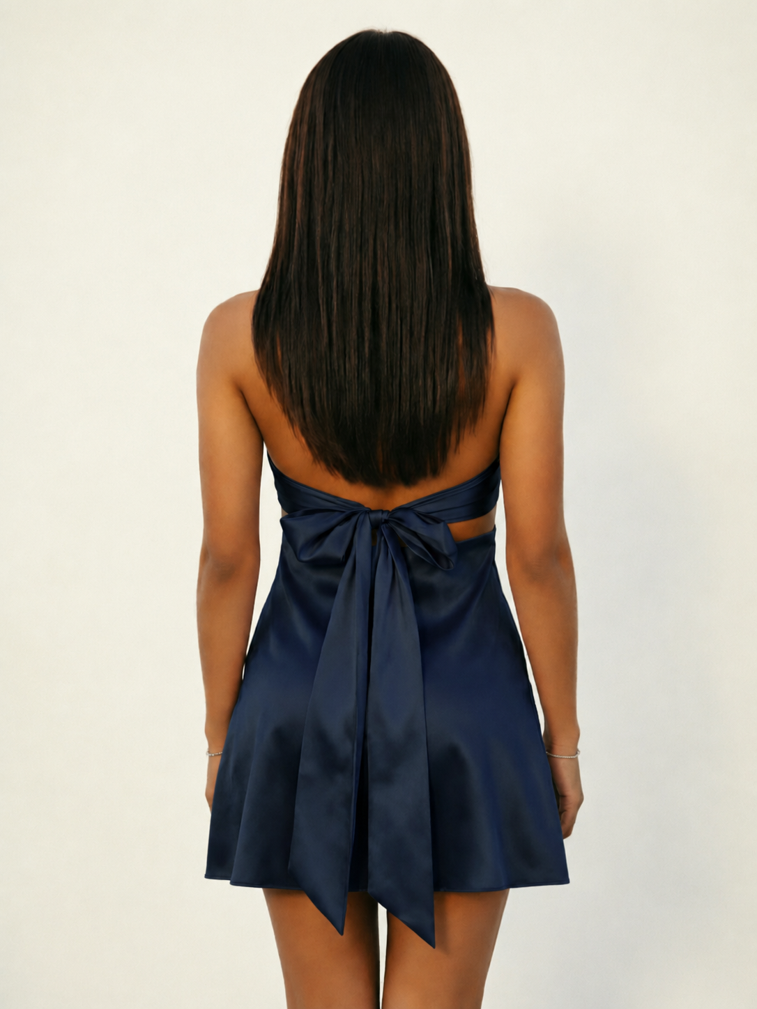Strapless Satin Twist Cutout Tie-Back Mini Dress
