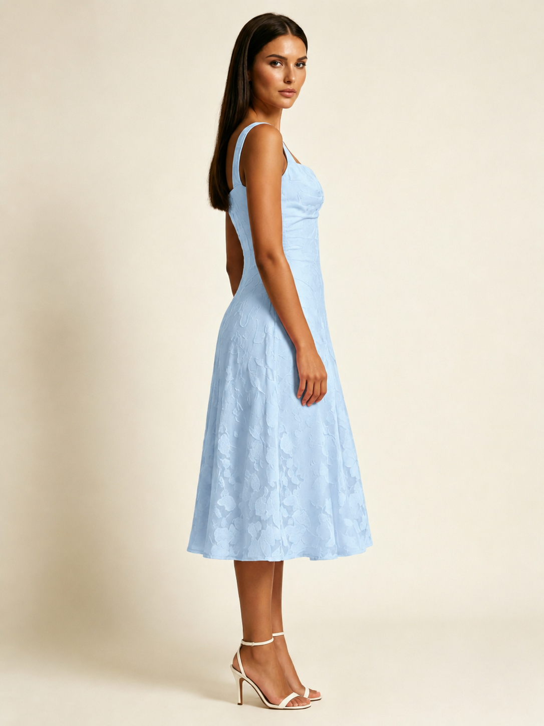 3D Floral Jacquard Square Neck Midi Dress
