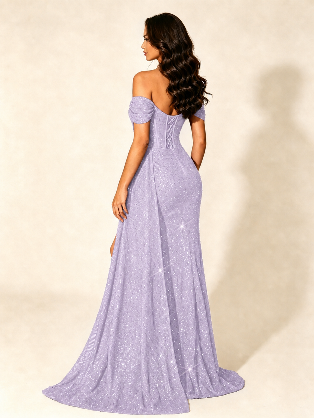 Off Shoulder Sequin High Slit Dress with Train