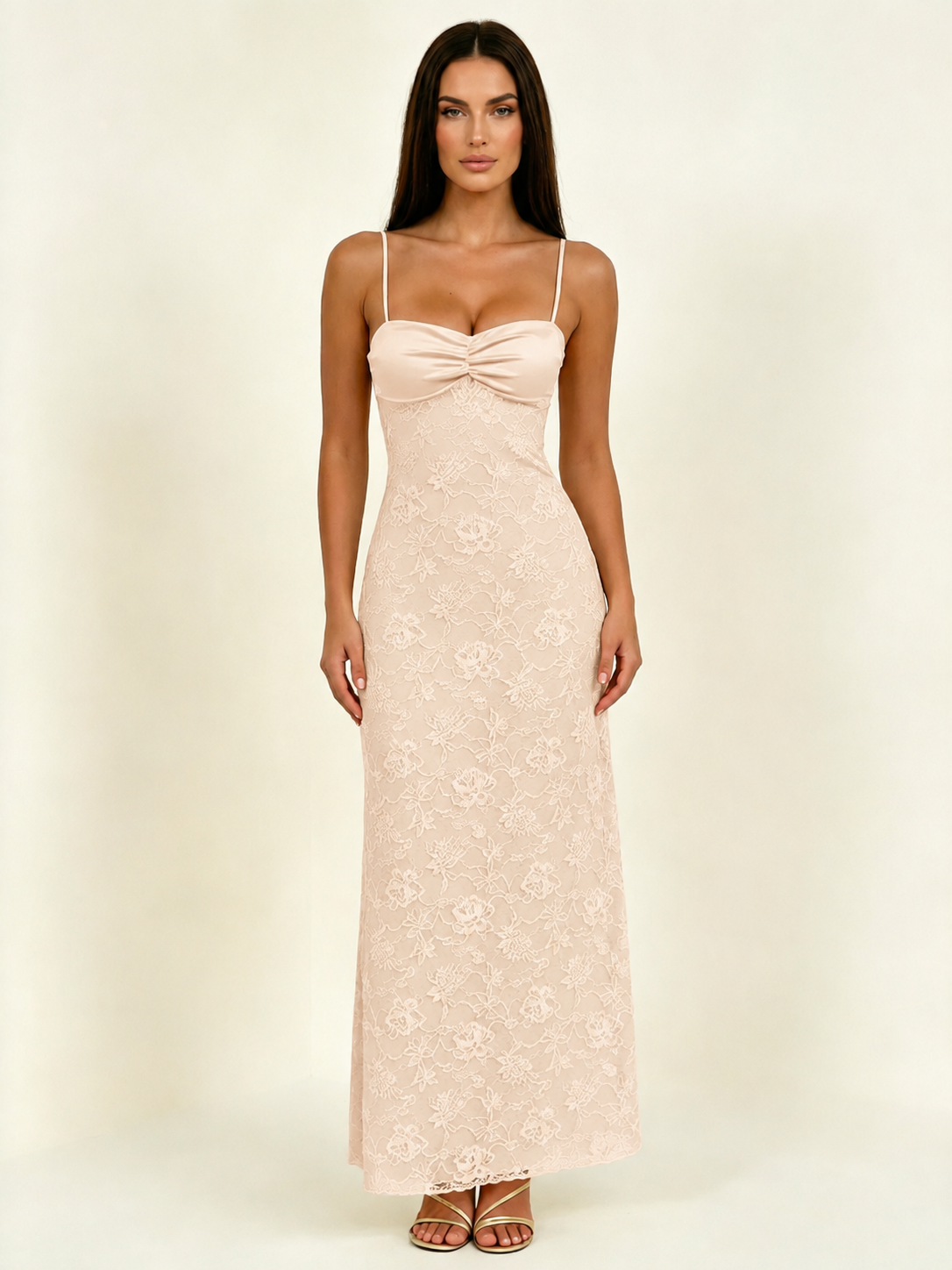 Satin Bust Lace Midi Maxi Dress, Spaghetti Strap Cross Lace Up Back Bridesmaid Dress