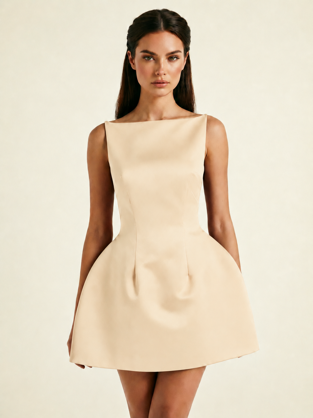 Satin Boat Neck Open Back Fit & Flare Mini Dress