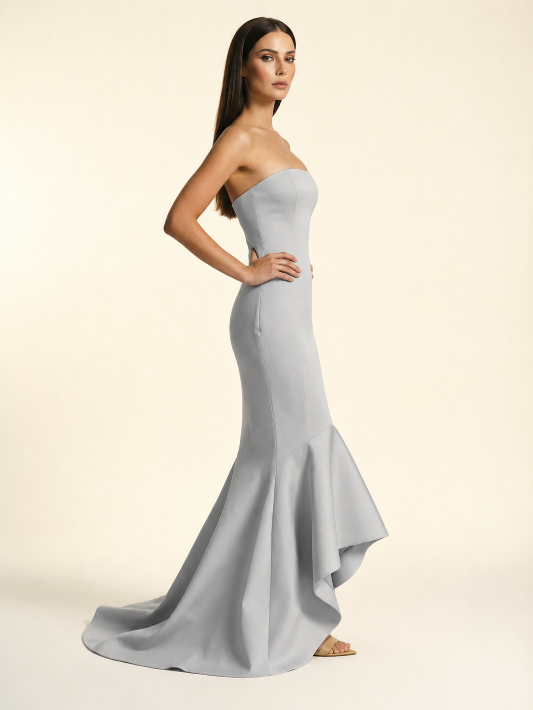 Strapless Satin Mermaid Dress With Ruffled Train & Lace-Up Back