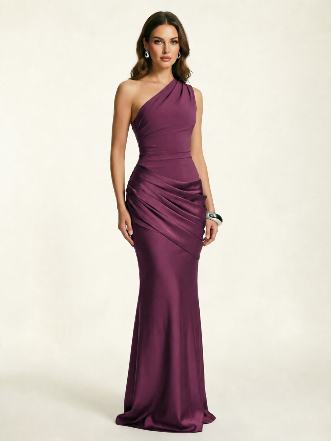 Single-shoulder satin floor-length evening dress