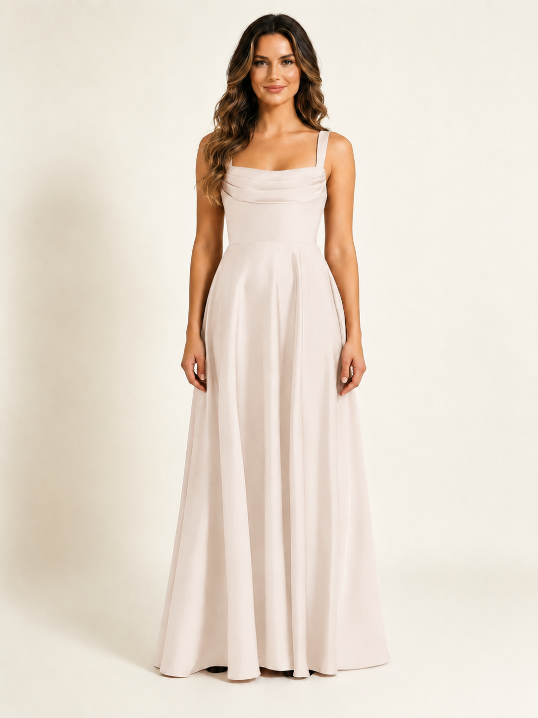 Satin Draped Cowl Square Neck A-Line Maxi Bridesmaid Dress