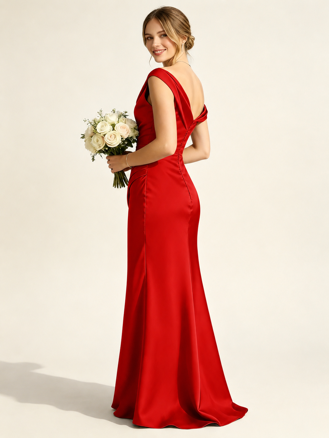Satin Mermaid Bridesmaid Maxi Dress, Asymmetrical Off Shoulder Ruched Waist Open Back