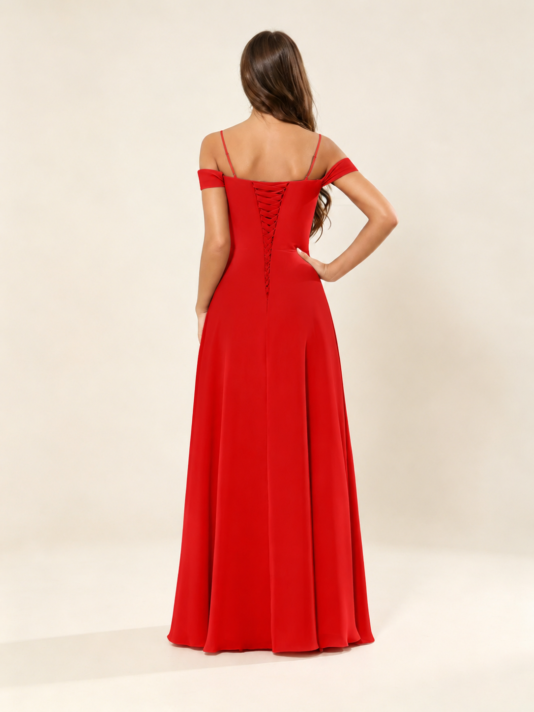 Off shoulder chiffon bridesmaid dress with high slit ruffle
