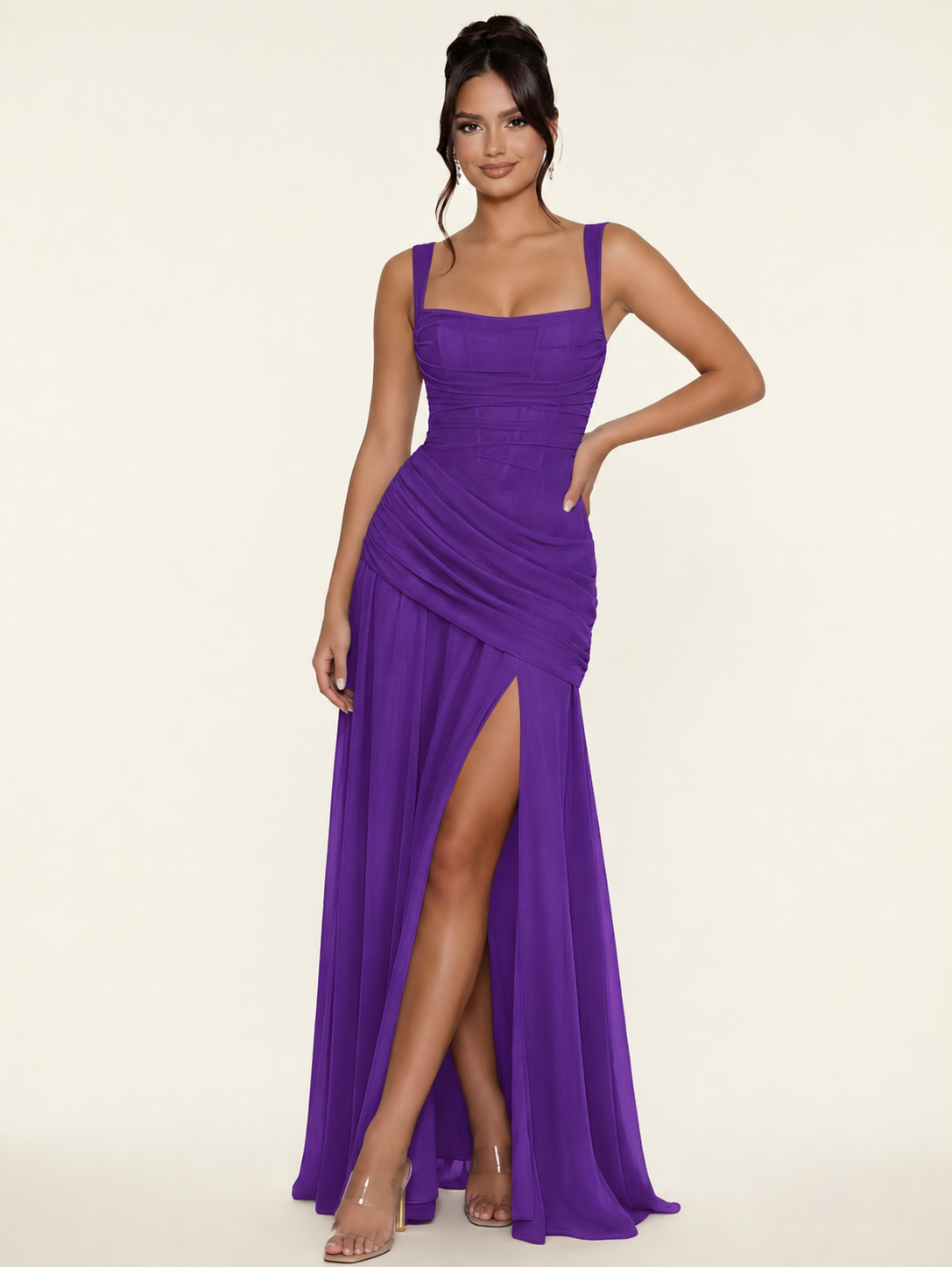 Adjustable Strap Shiny Draped Formal Maxi Dress with Corset Lace Up Back