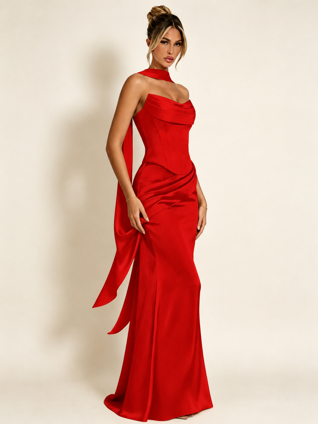 Satin Cowl Neck Mermaid Evening Dress with Corset Bodice and Draped Straps