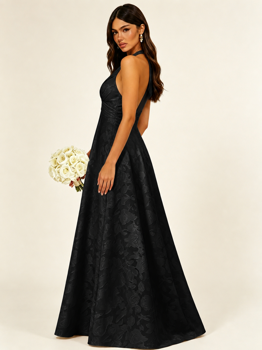 Floral Jacquard Halter Deep V A-Line Maxi Dress Backless Lace-Up Corset Bridesmaid Dress