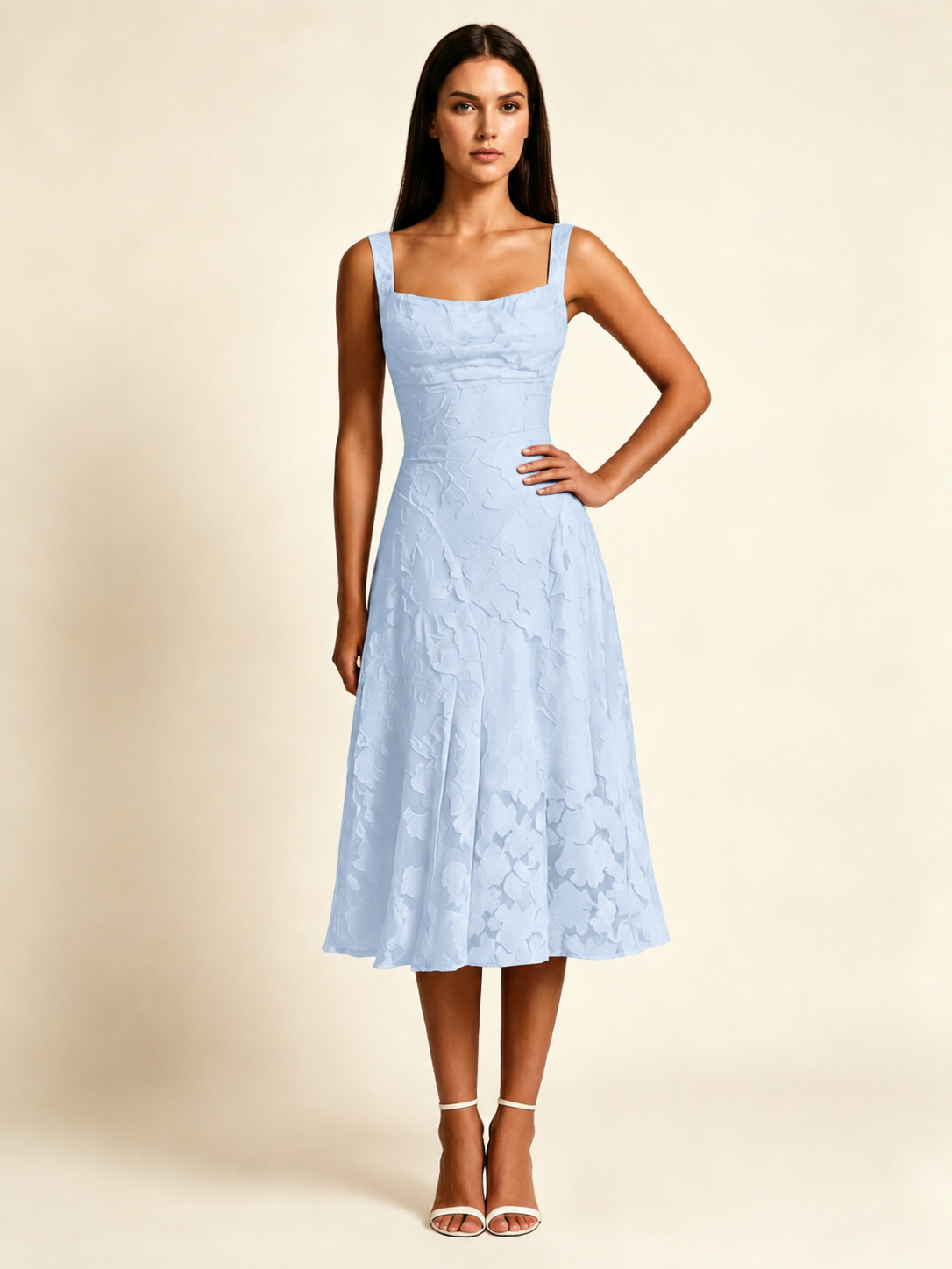3D Floral Jacquard Square Neck Midi Dress