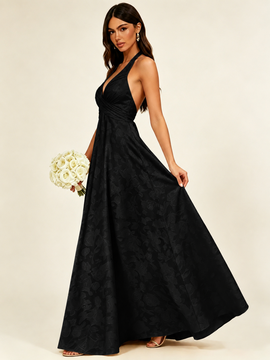 Floral Jacquard Halter Deep V A-Line Maxi Dress Backless Lace-Up Corset Bridesmaid Dress
