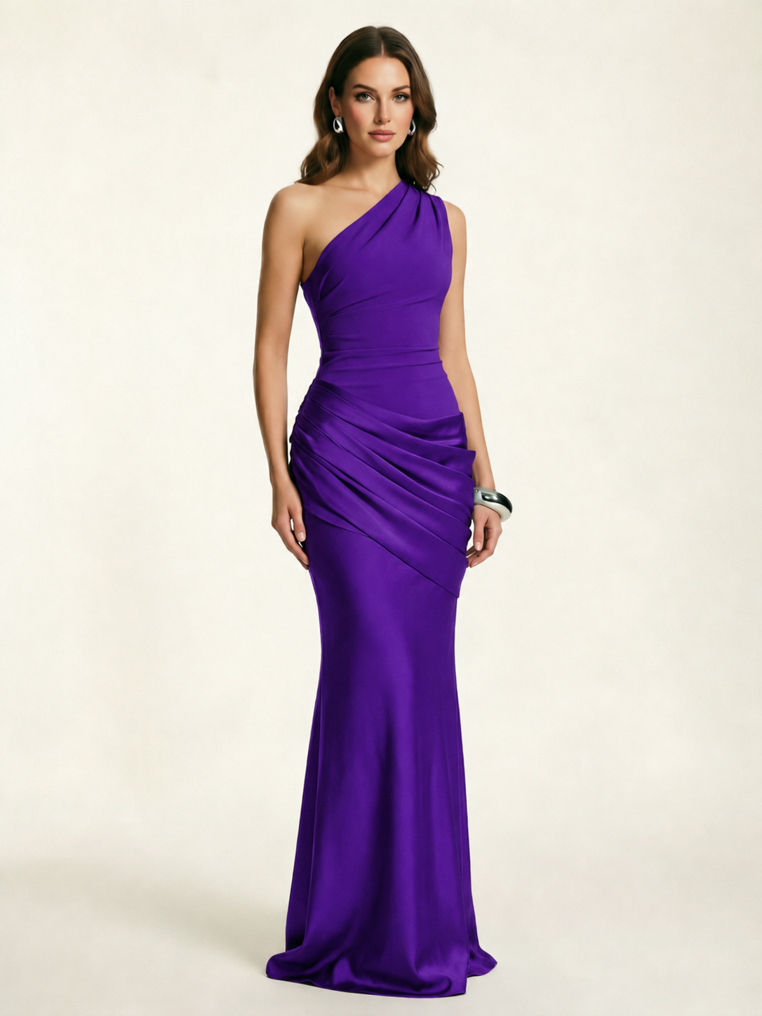 Single-shoulder satin floor-length evening dress