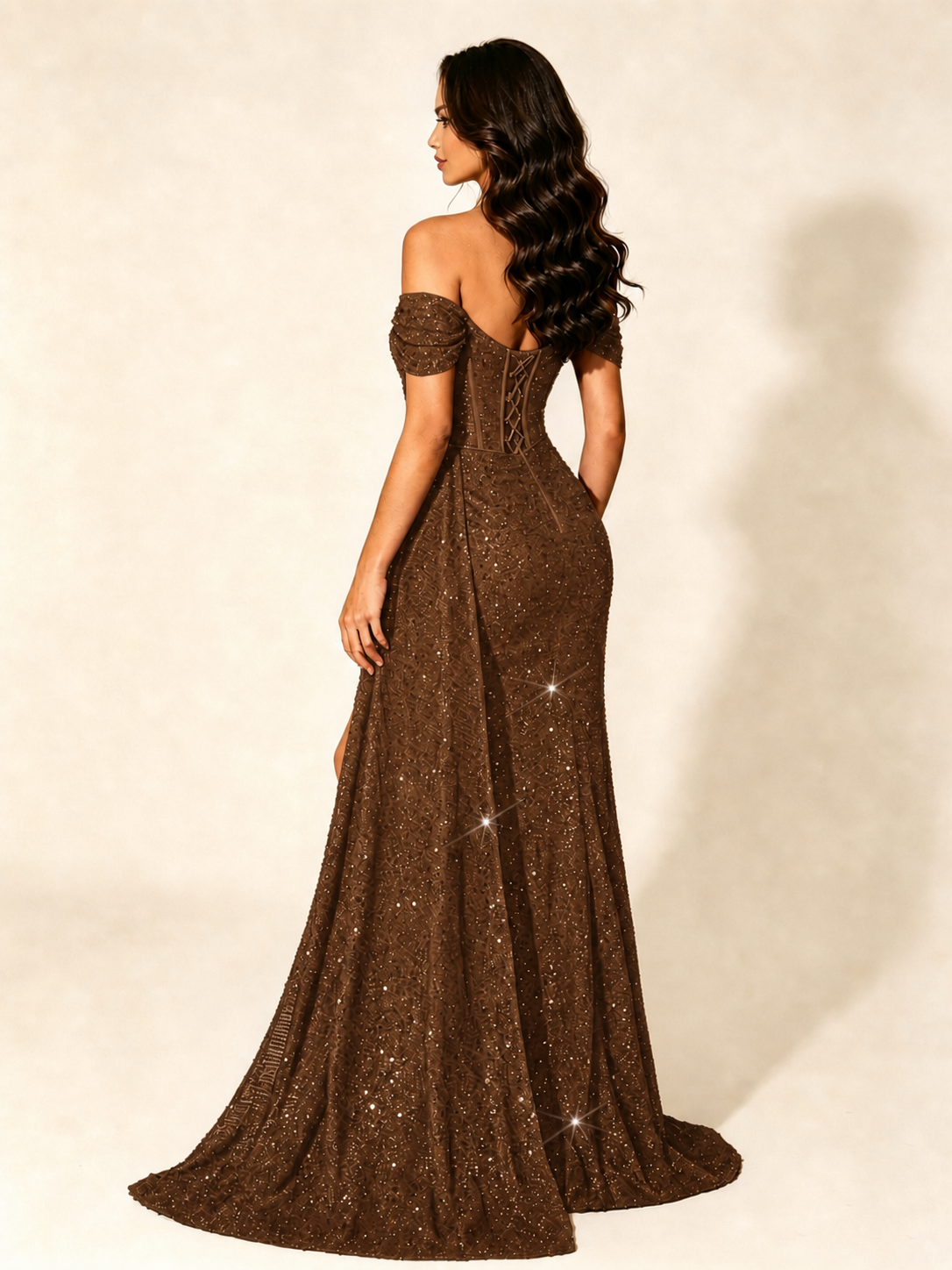 Off Shoulder Sequin High Slit Dress with Train