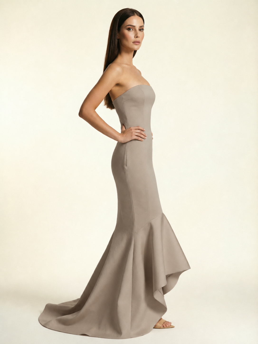 Strapless Satin Mermaid Dress With Ruffled Train & Lace-Up Back