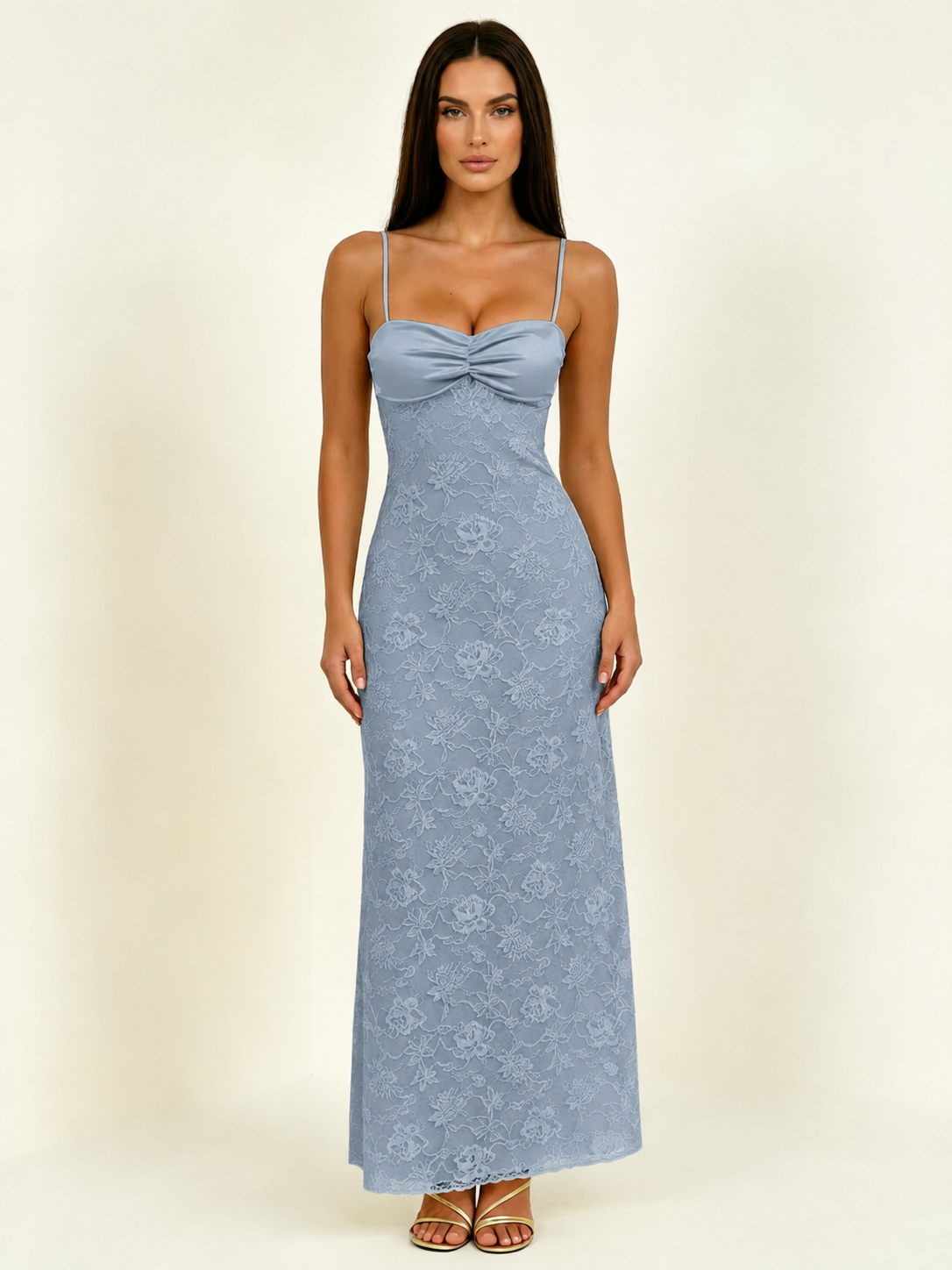 Satin Bust Lace Midi Maxi Dress, Spaghetti Strap Cross Lace Up Back Bridesmaid Dress