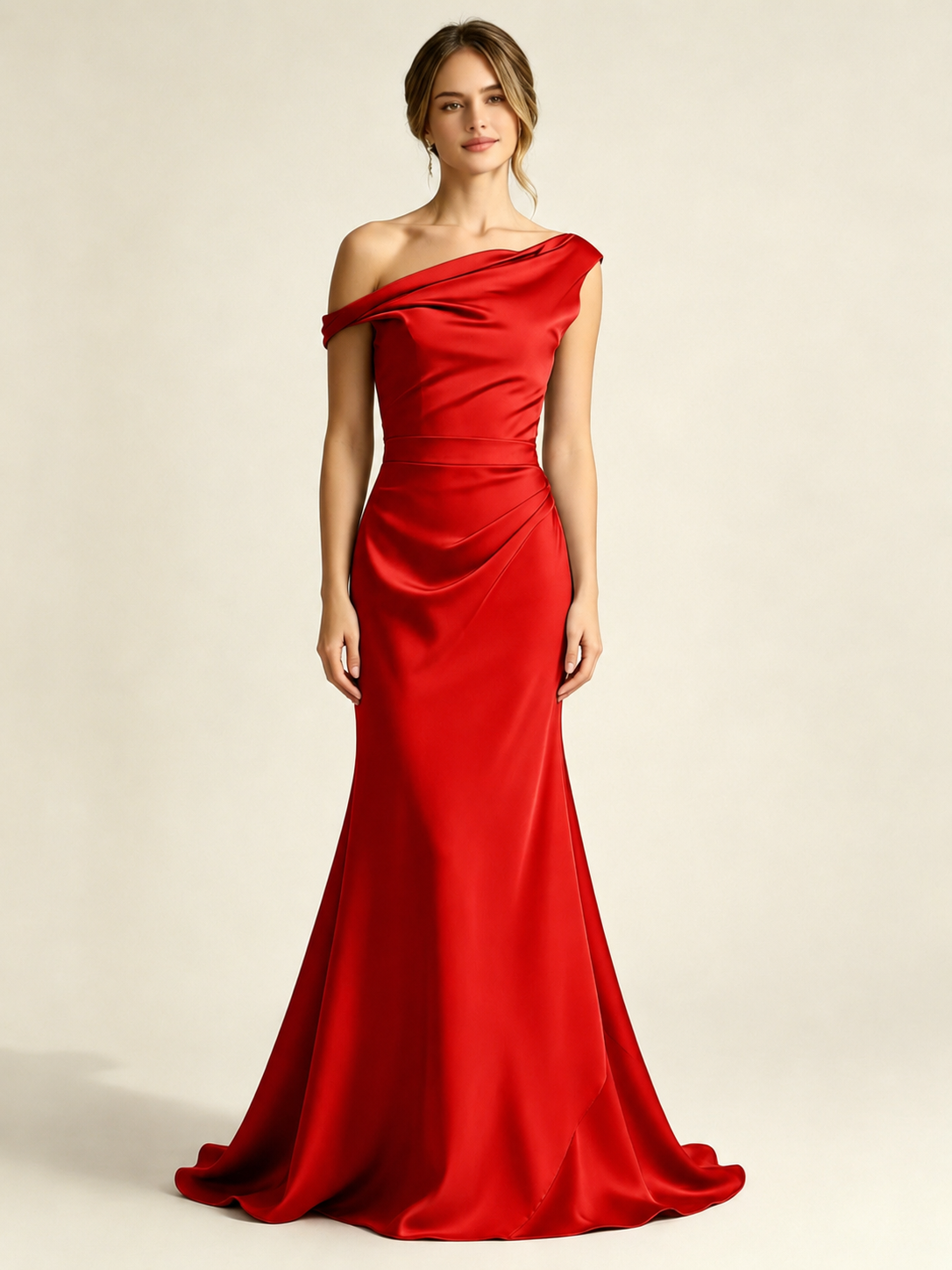 Satin Mermaid Bridesmaid Maxi Dress, Asymmetrical Off Shoulder Ruched Waist Open Back
