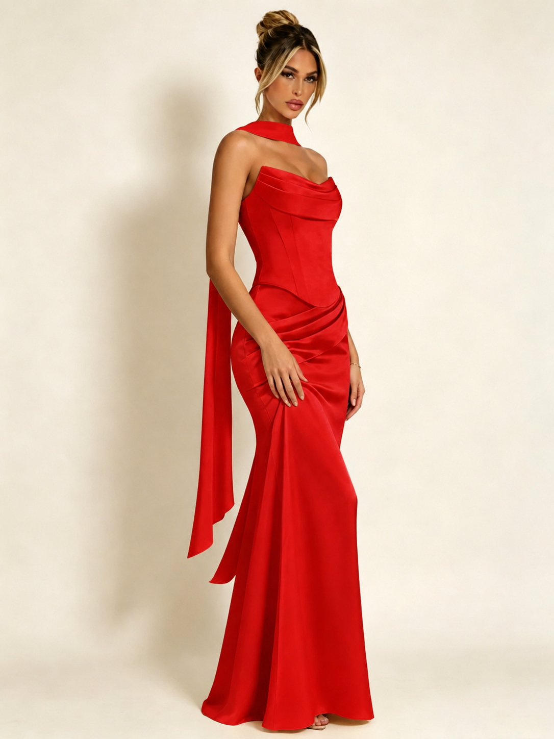 Satin Cowl Neck Mermaid Evening Dress with Corset Bodice and Draped Straps