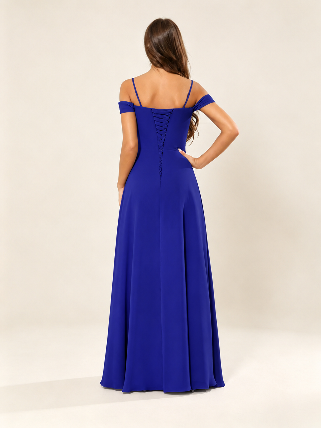 Off shoulder chiffon bridesmaid dress with high slit ruffle