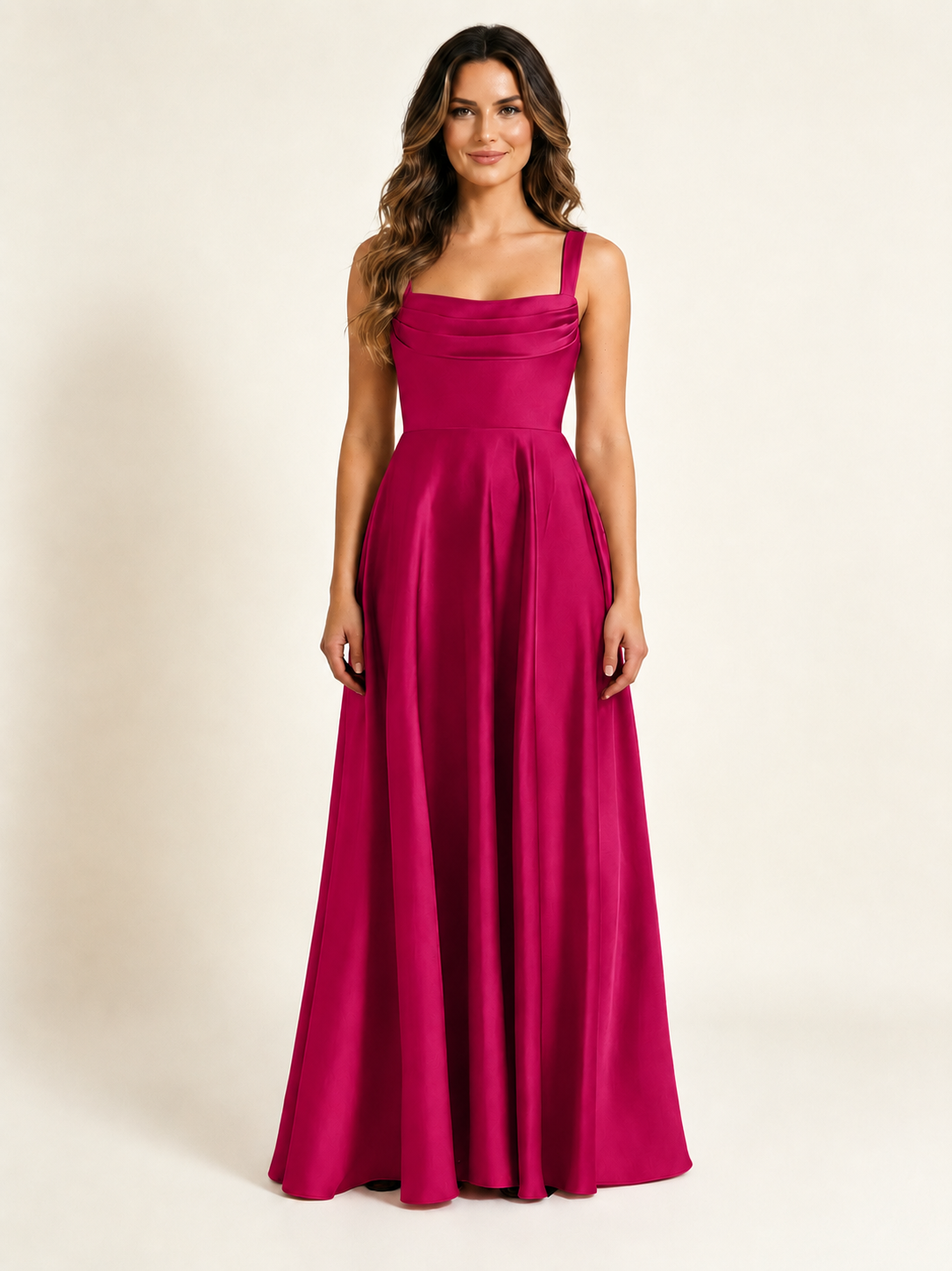Satin Draped Cowl Square Neck A-Line Maxi Bridesmaid Dress