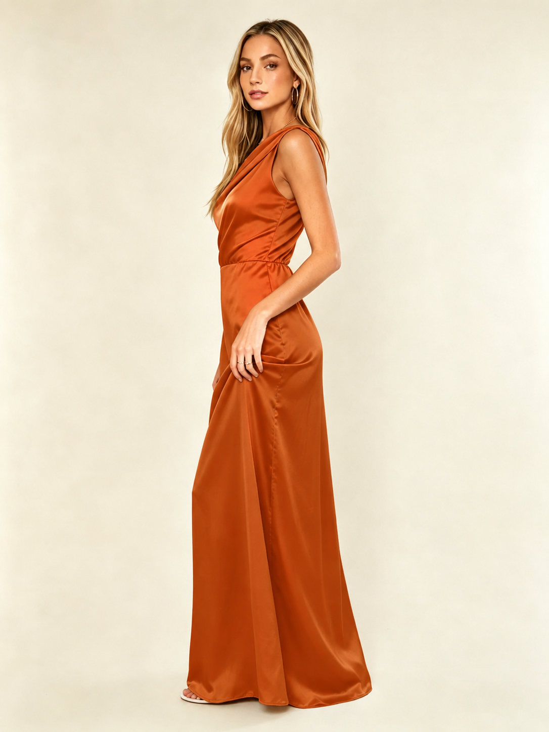 Satin One Shoulder Maxi Dress Asymmetric Draped High Slit Bridesmaid Dress