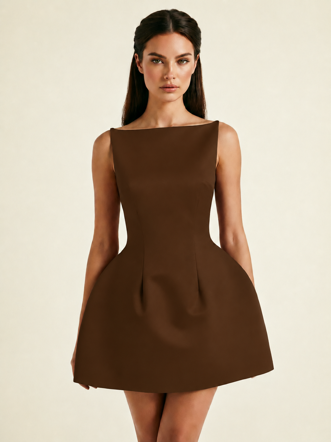 Satin Boat Neck Open Back Fit & Flare Mini Dress