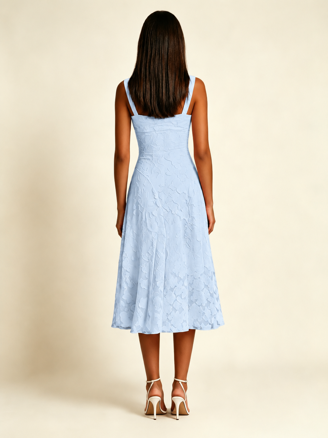3D Floral Jacquard Square Neck Midi Dress