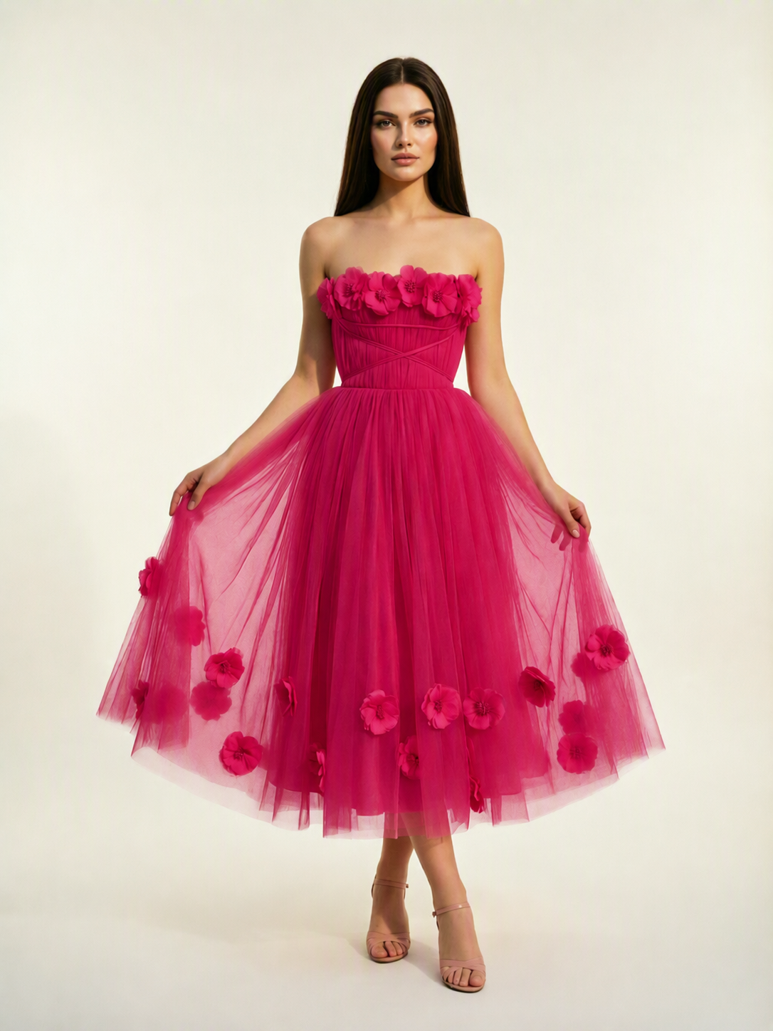 Strapless Tulle Midi Dress with 3D Floral Appliqués, Lace-Up Corset Back