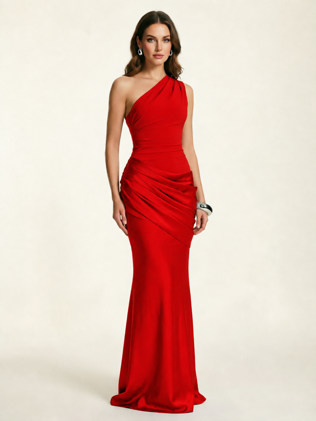Single-shoulder satin floor-length evening dress