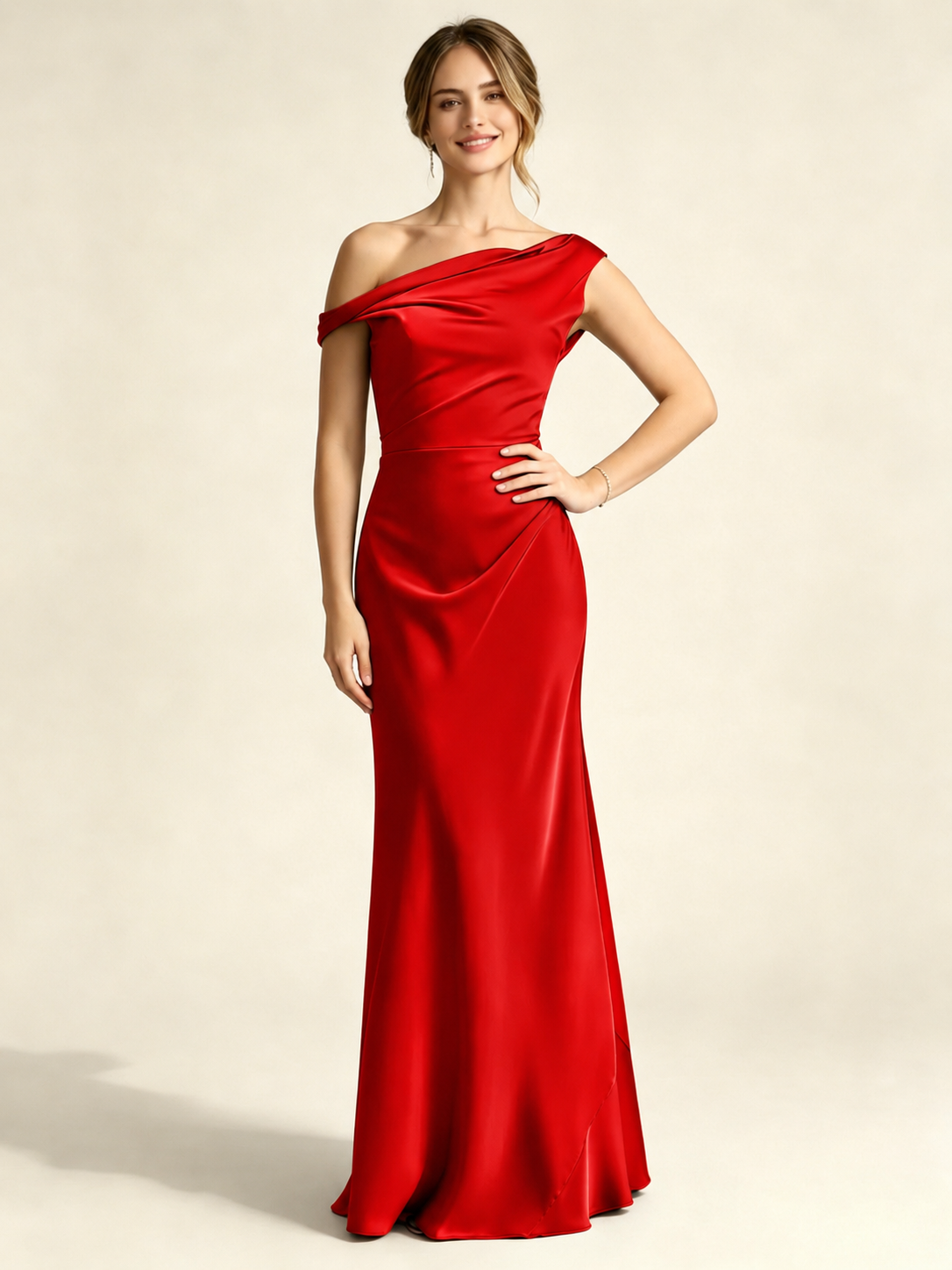 Satin Mermaid Bridesmaid Maxi Dress, Asymmetrical Off Shoulder Ruched Waist Open Back