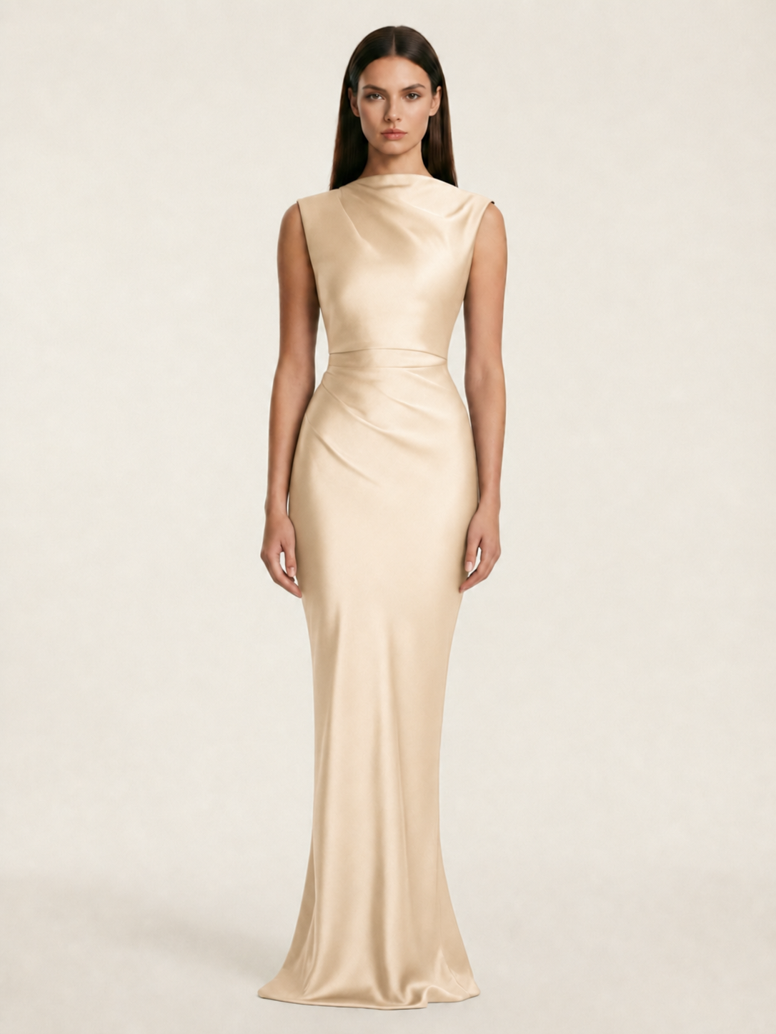 Sleeveless Draped Satin Mermaid Cutout Back Formal Dress