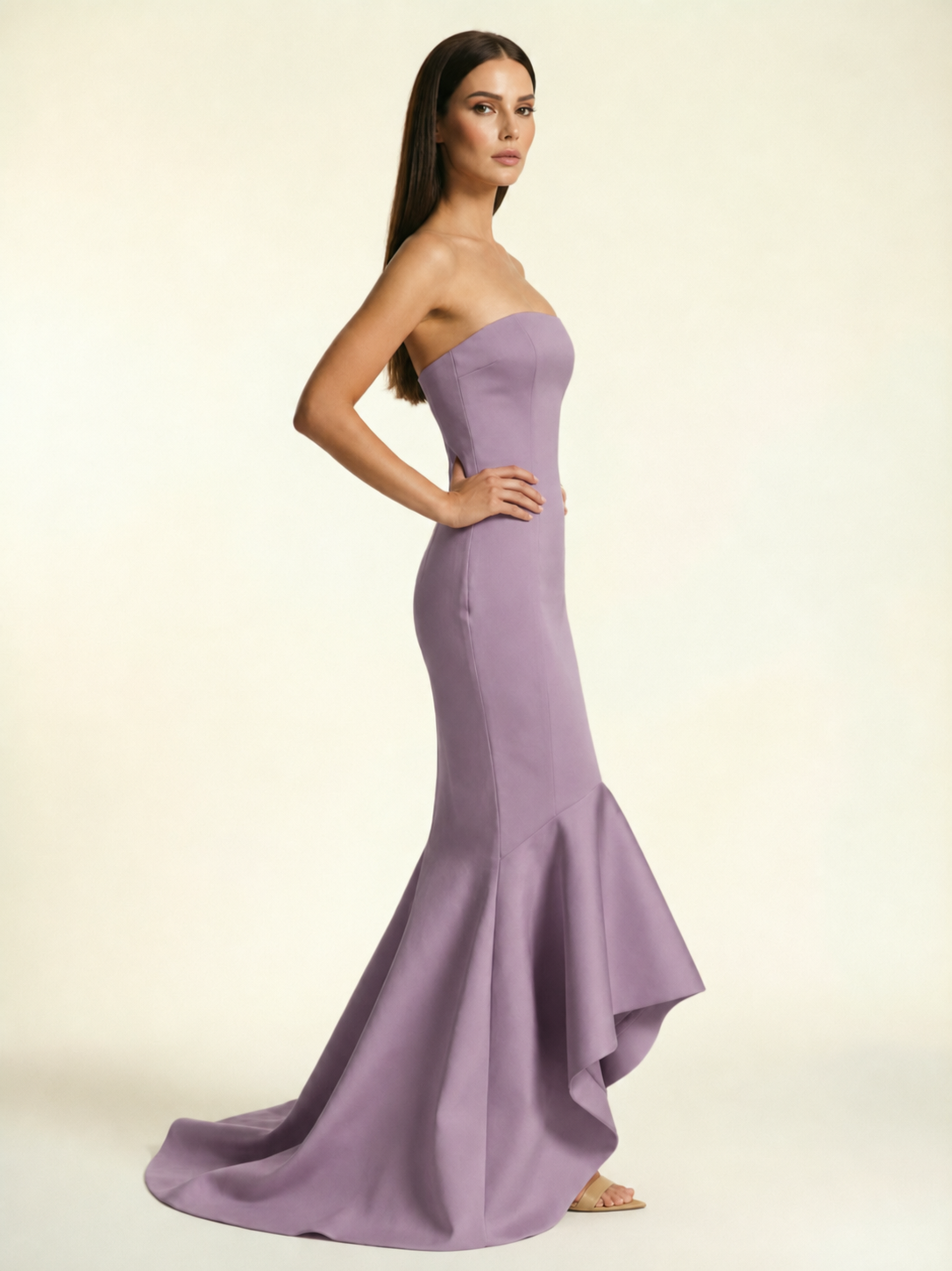 Strapless Satin Mermaid Dress With Ruffled Train & Lace-Up Back