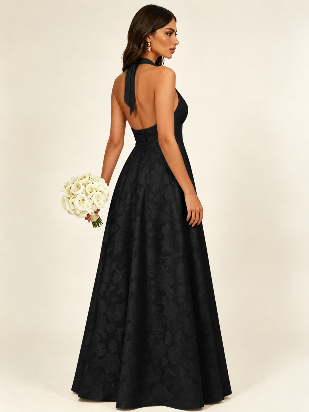 Floral Jacquard Halter Deep V A-Line Maxi Dress Backless Lace-Up Corset Bridesmaid Dress