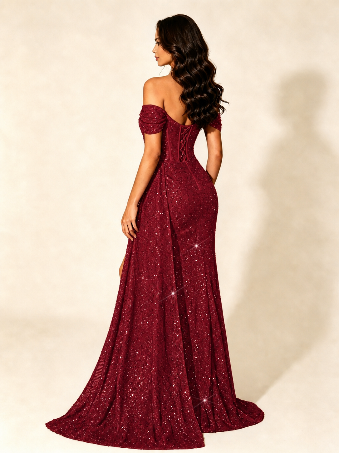 Off Shoulder Sequin High Slit Dress with Train