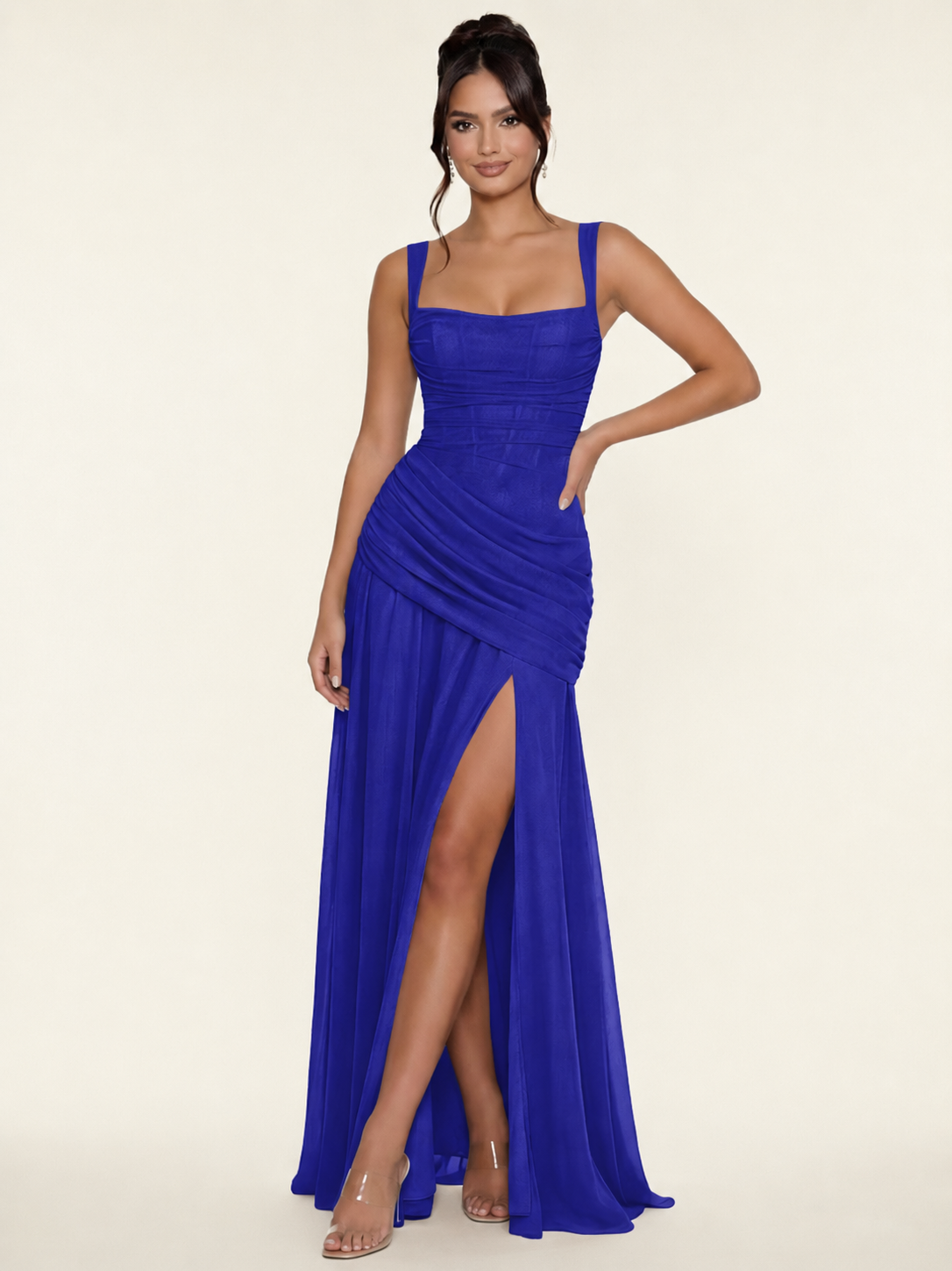 Adjustable Strap Shiny Draped Formal Maxi Dress with Corset Lace Up Back