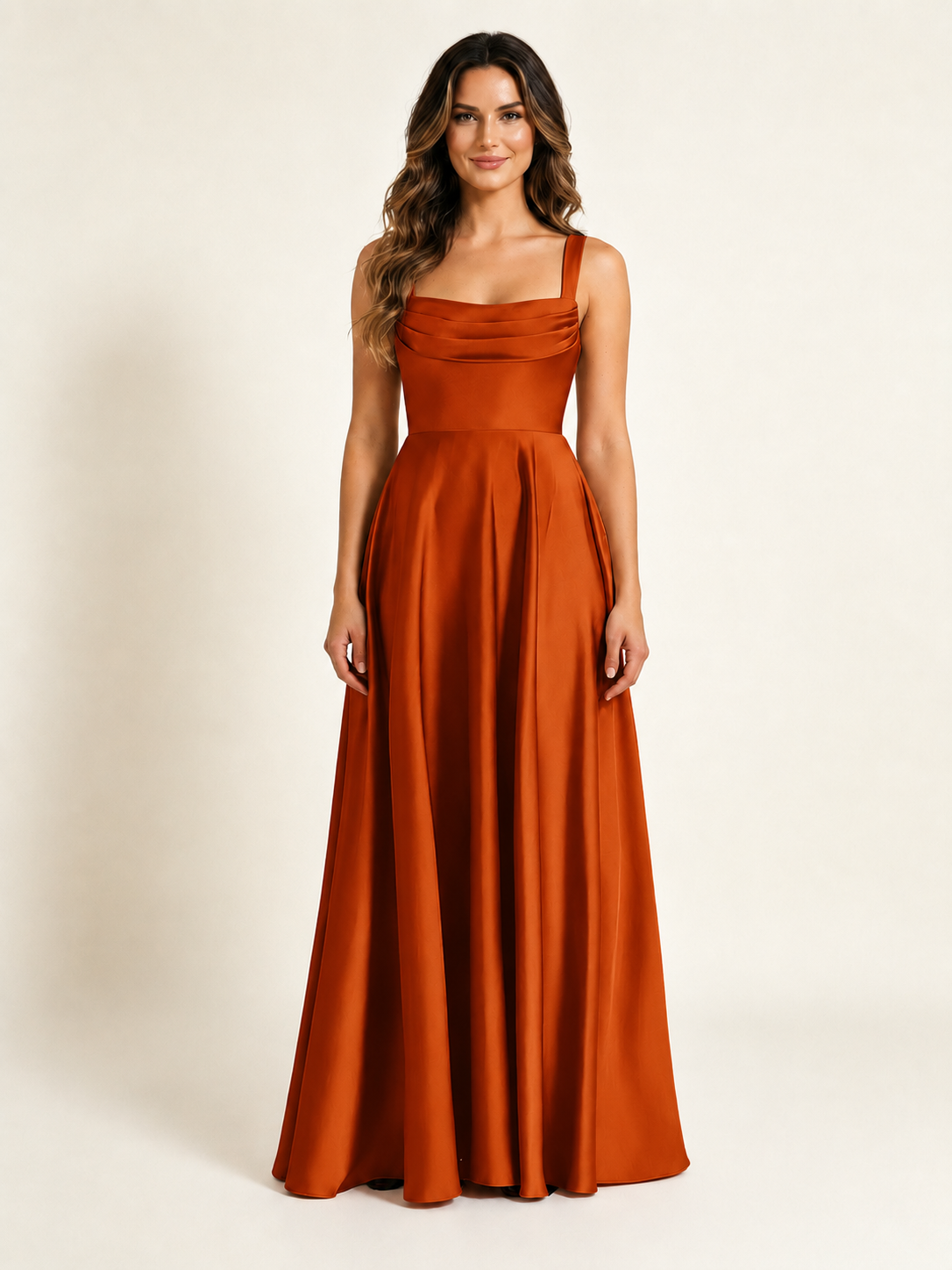 Satin Draped Cowl Square Neck A-Line Maxi Bridesmaid Dress