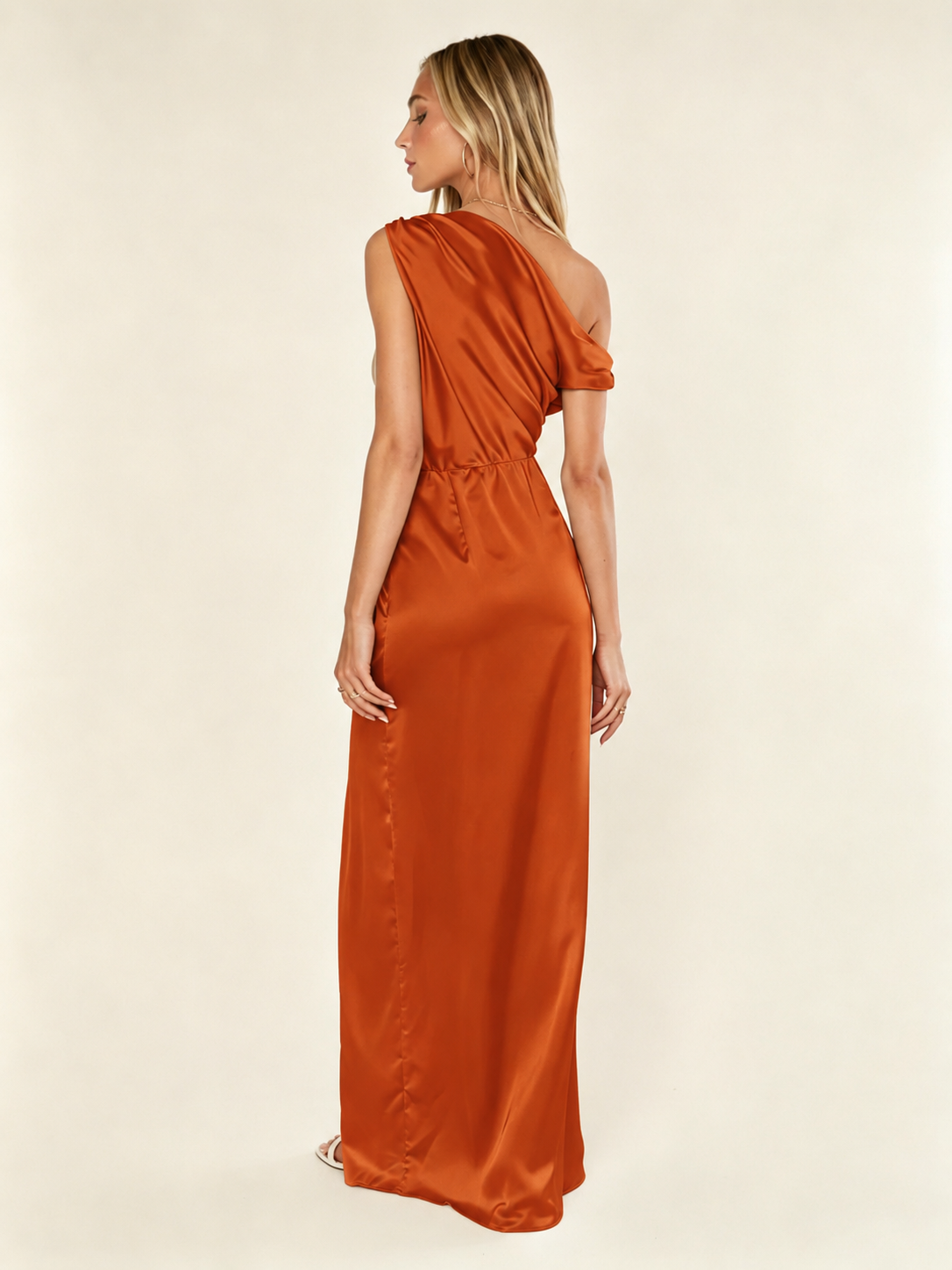 Satin One Shoulder Maxi Dress Asymmetric Draped High Slit Bridesmaid Dress