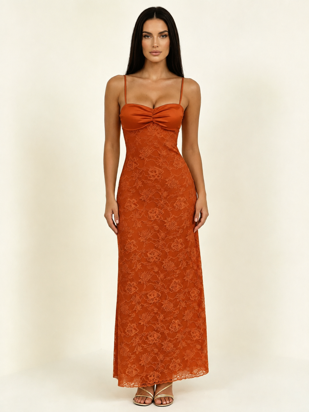Satin Bust Lace Midi Maxi Dress, Spaghetti Strap Cross Lace Up Back Bridesmaid Dress