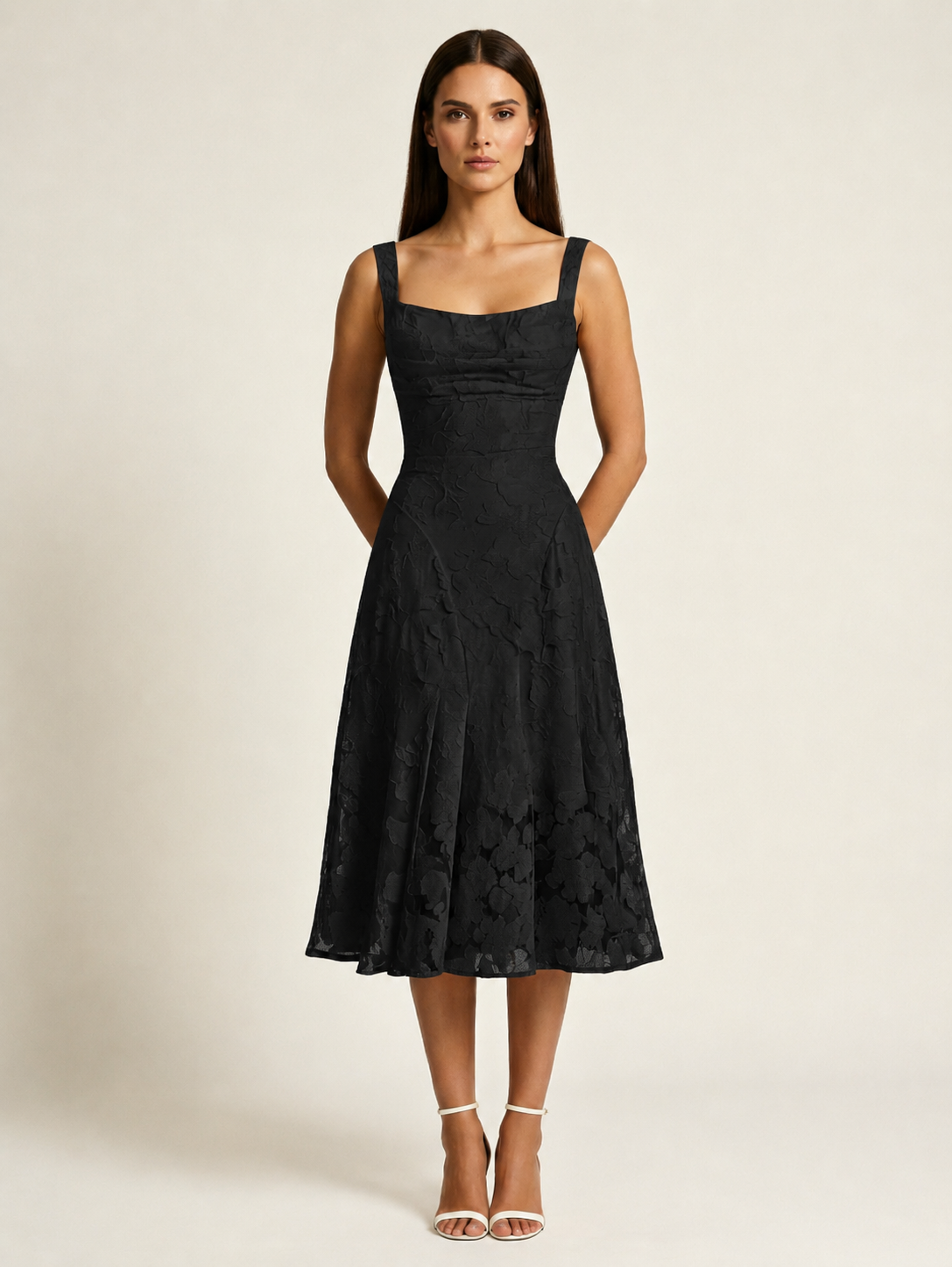 3D Floral Jacquard Square Neck Midi Dress