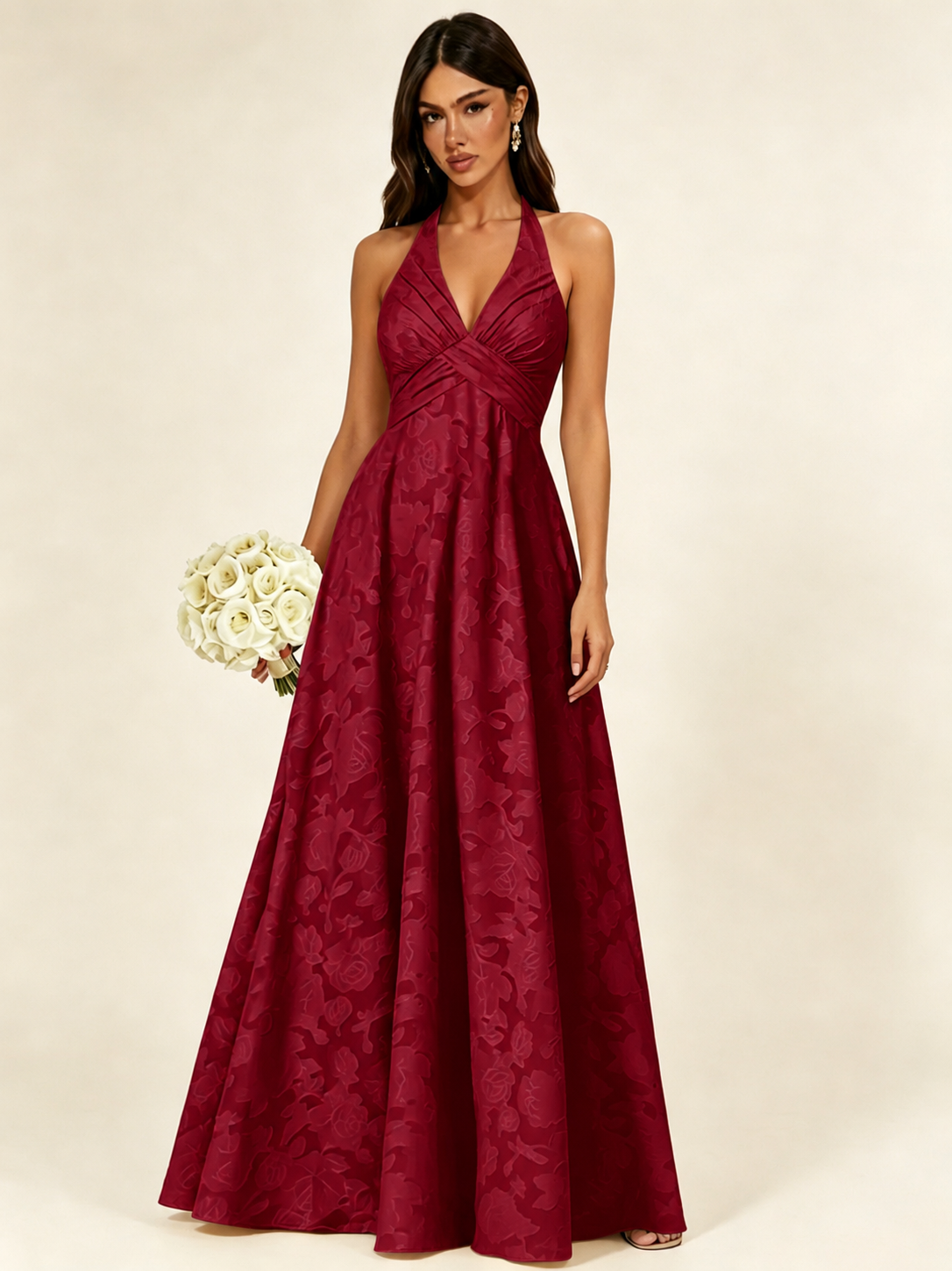 Floral Jacquard Halter Deep V A-Line Maxi Dress Backless Lace-Up Corset Bridesmaid Dress