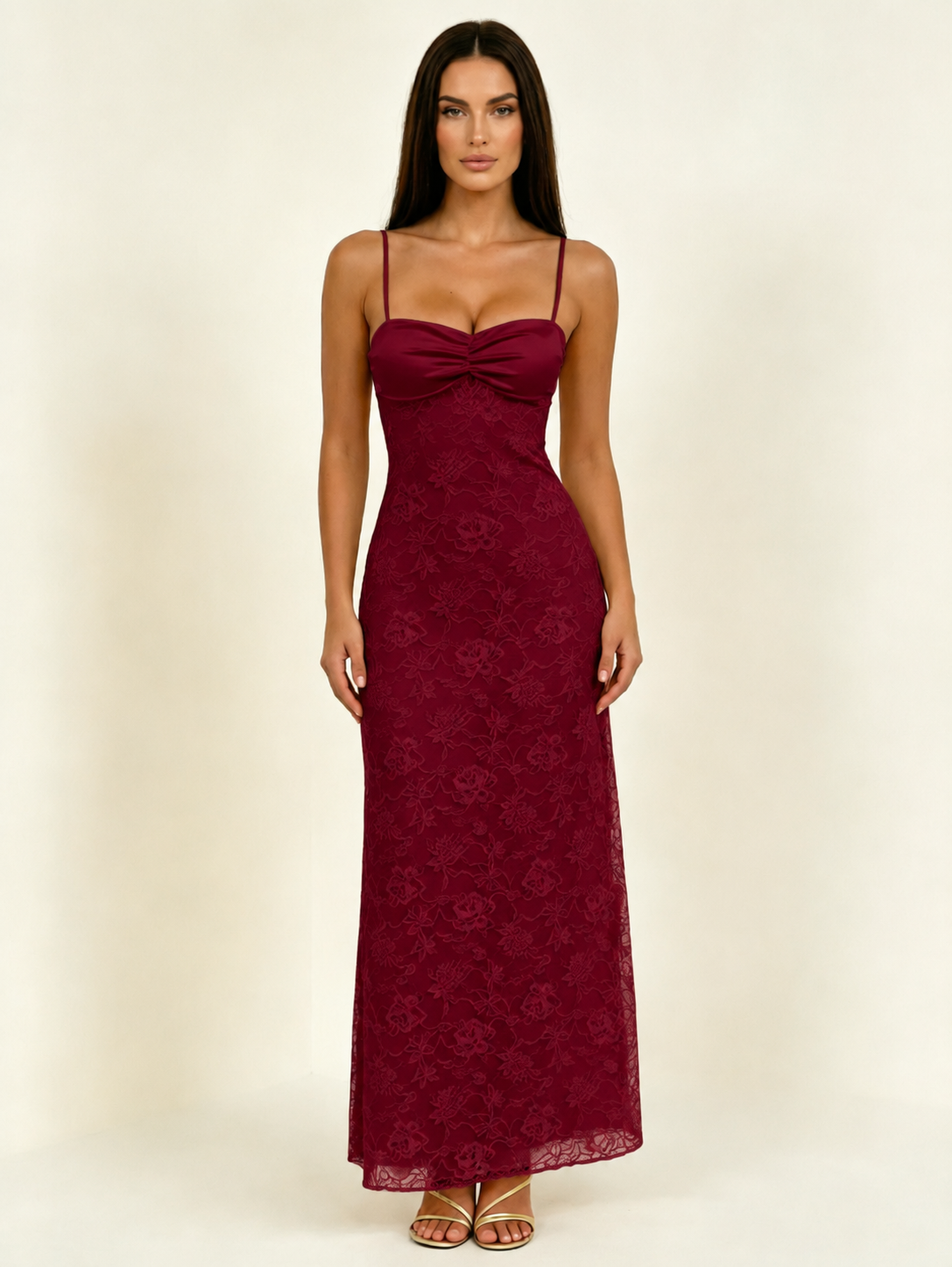 Satin Bust Lace Midi Maxi Dress, Spaghetti Strap Cross Lace Up Back Bridesmaid Dress