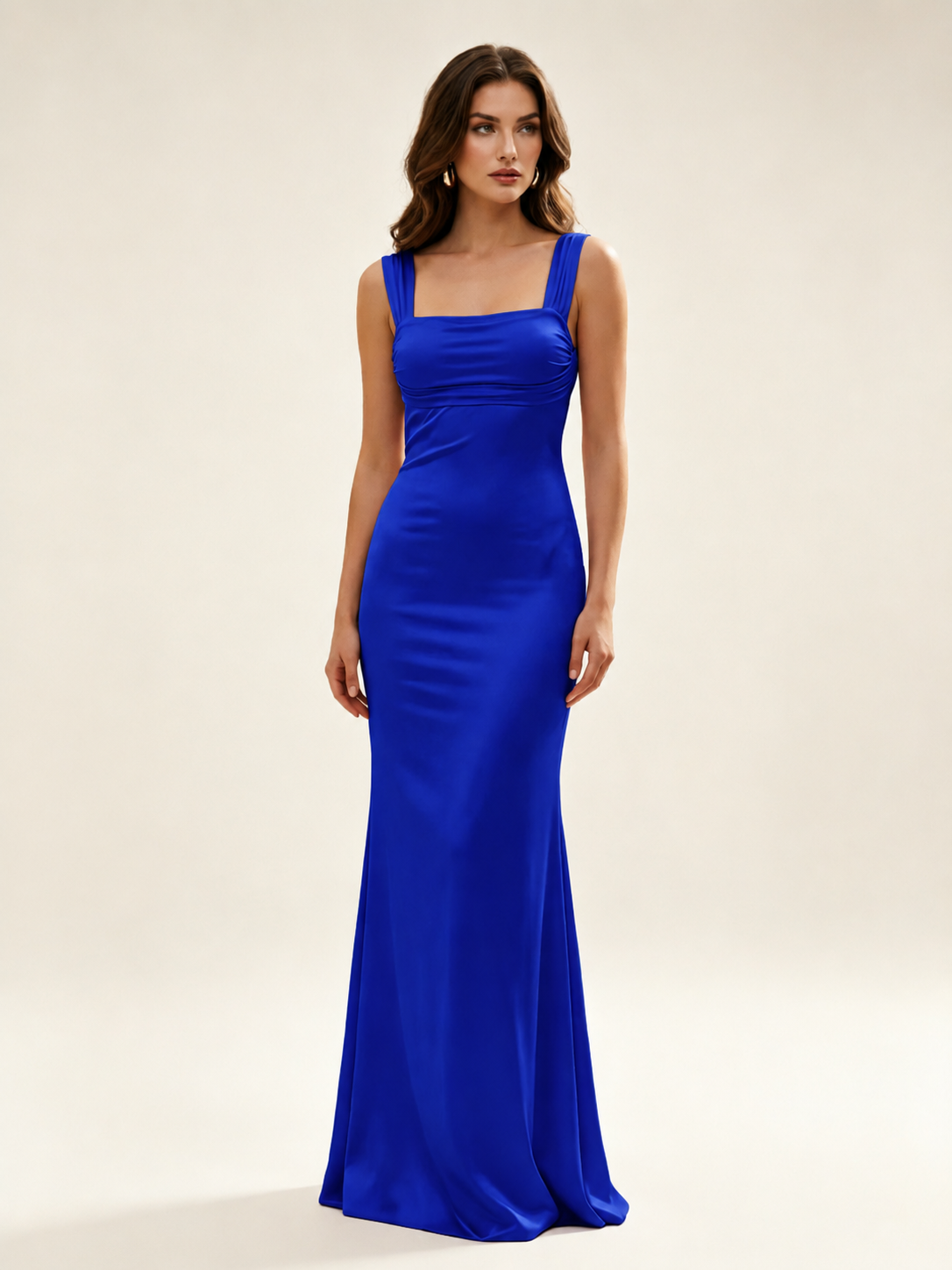 Satin Mermaid Bridesmaid Maxi Dress, Wide Strap Square Neck Cross Lace-Up Open Back