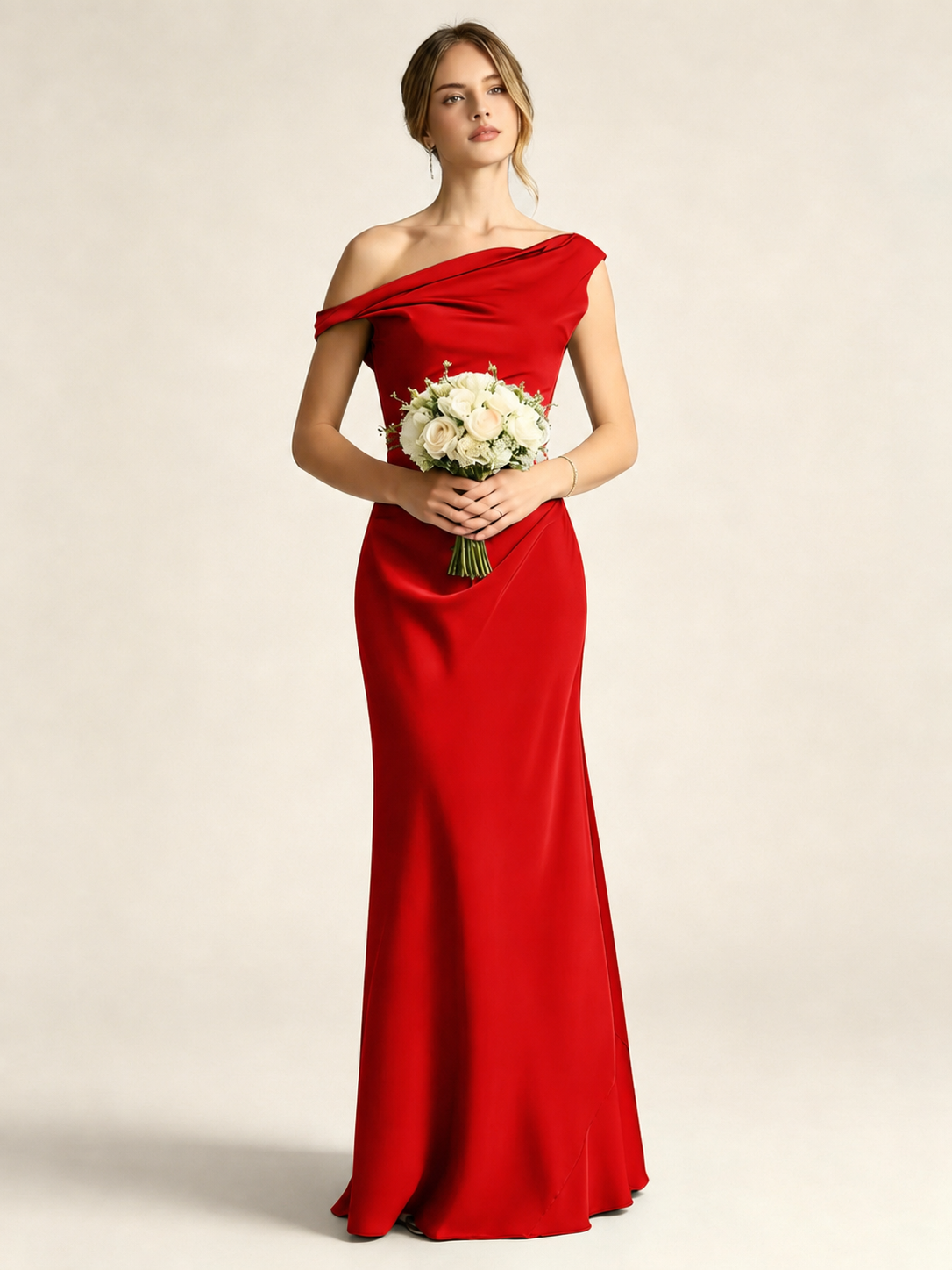 Satin Mermaid Bridesmaid Maxi Dress, Asymmetrical Off Shoulder Ruched Waist Open Back