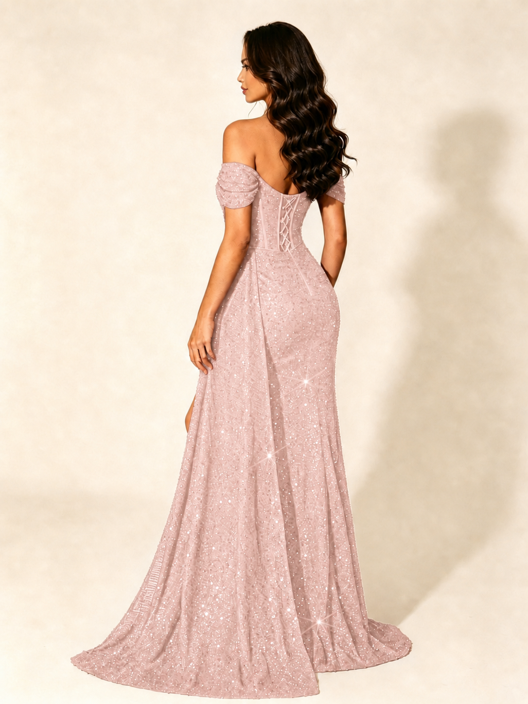 Off Shoulder Sequin High Slit Dress with Train