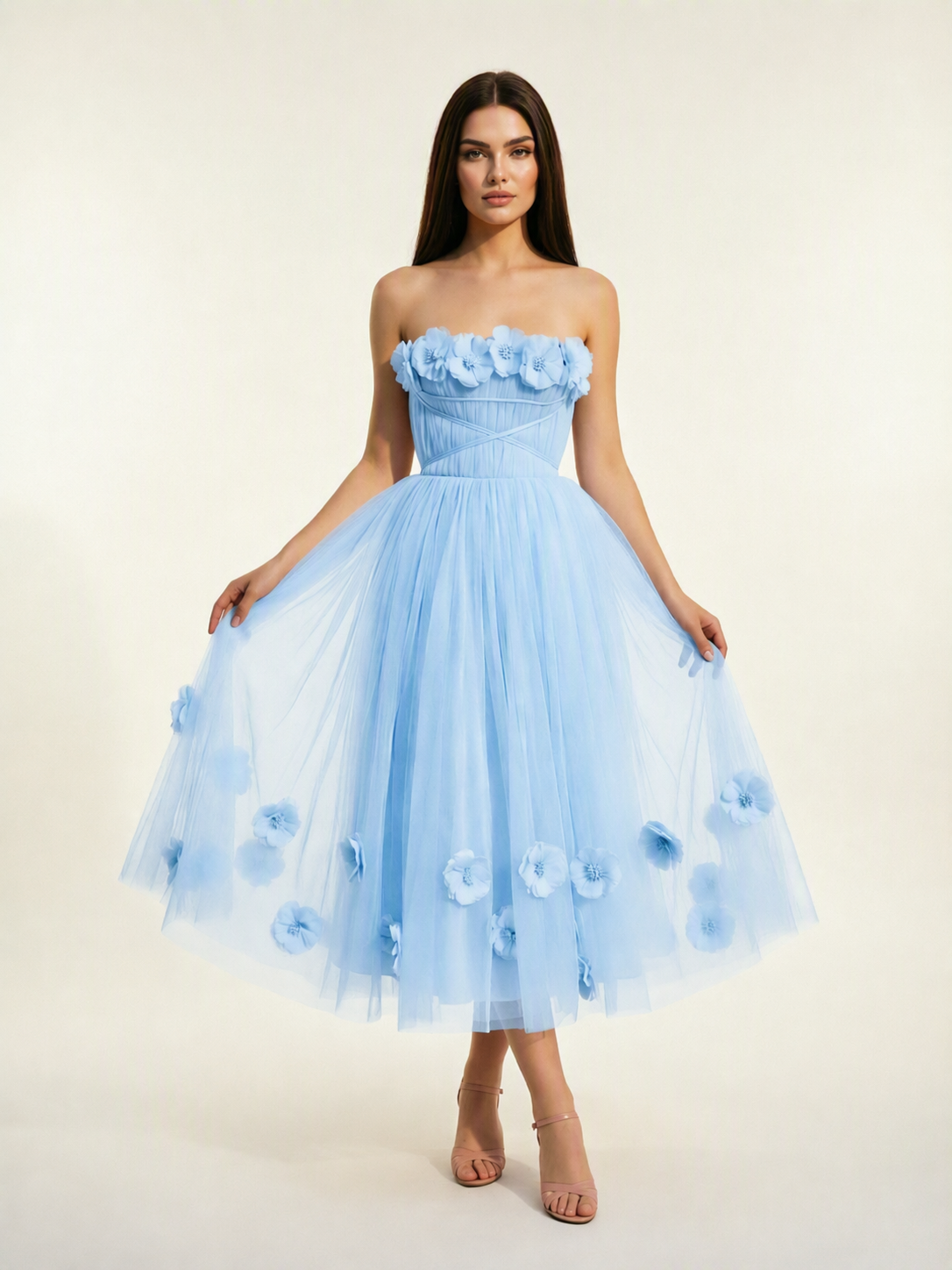Strapless Tulle Midi Dress with 3D Floral Appliqués, Lace-Up Corset Back