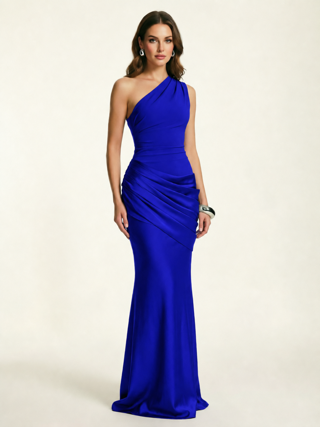 Single-shoulder satin floor-length evening dress
