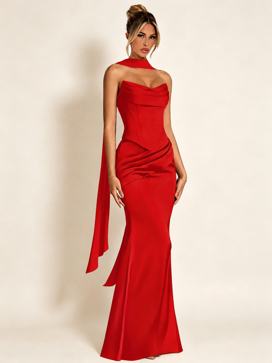 Satin Cowl Neck Mermaid Evening Dress with Corset Bodice and Draped Straps