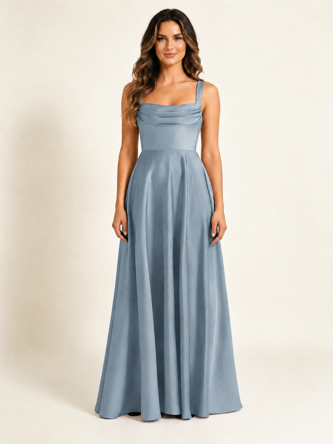 Satin Draped Cowl Square Neck A-Line Maxi Bridesmaid Dress