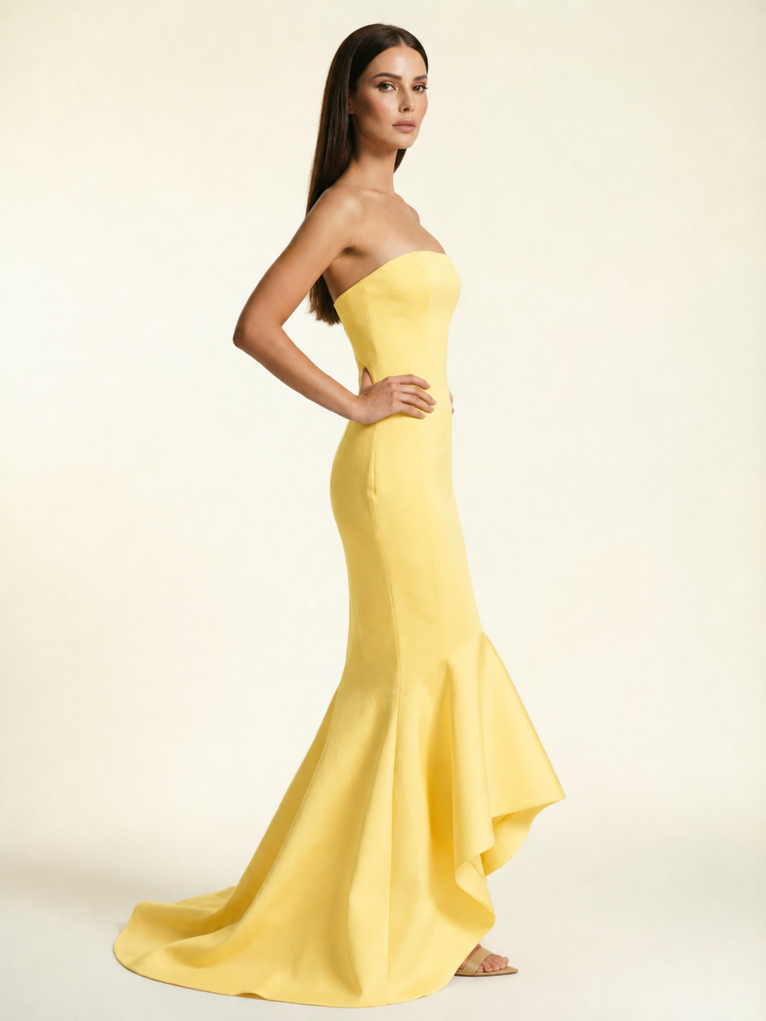 Strapless Satin Mermaid Dress With Ruffled Train & Lace-Up Back