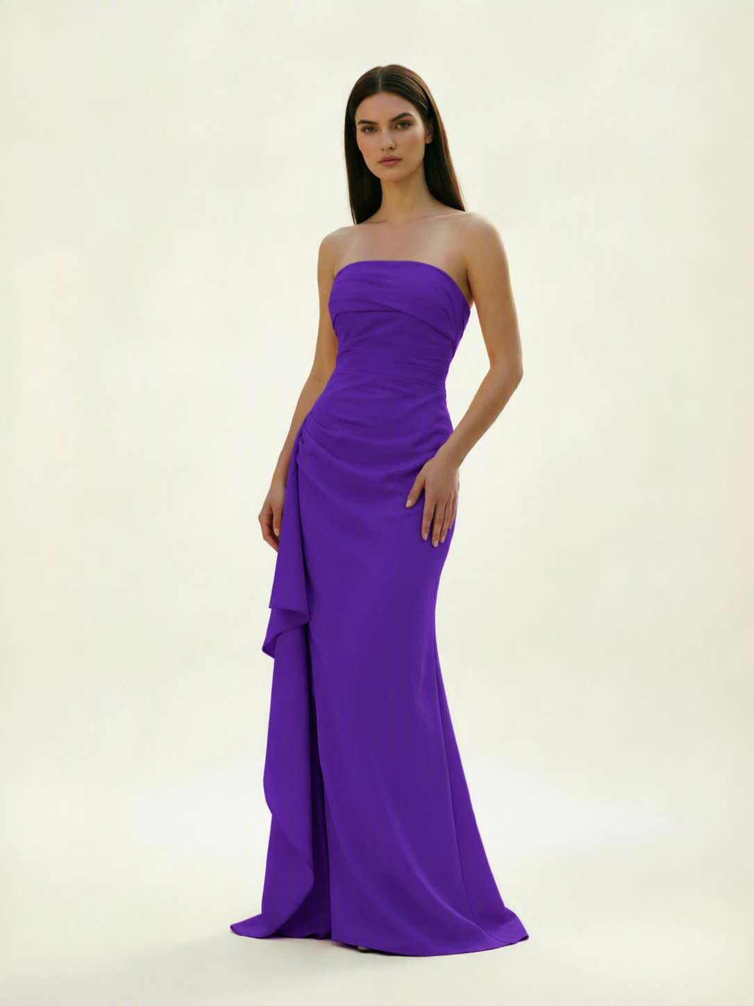 Strapless Mermaid Formal Gown with Side Slit & Draped Detail