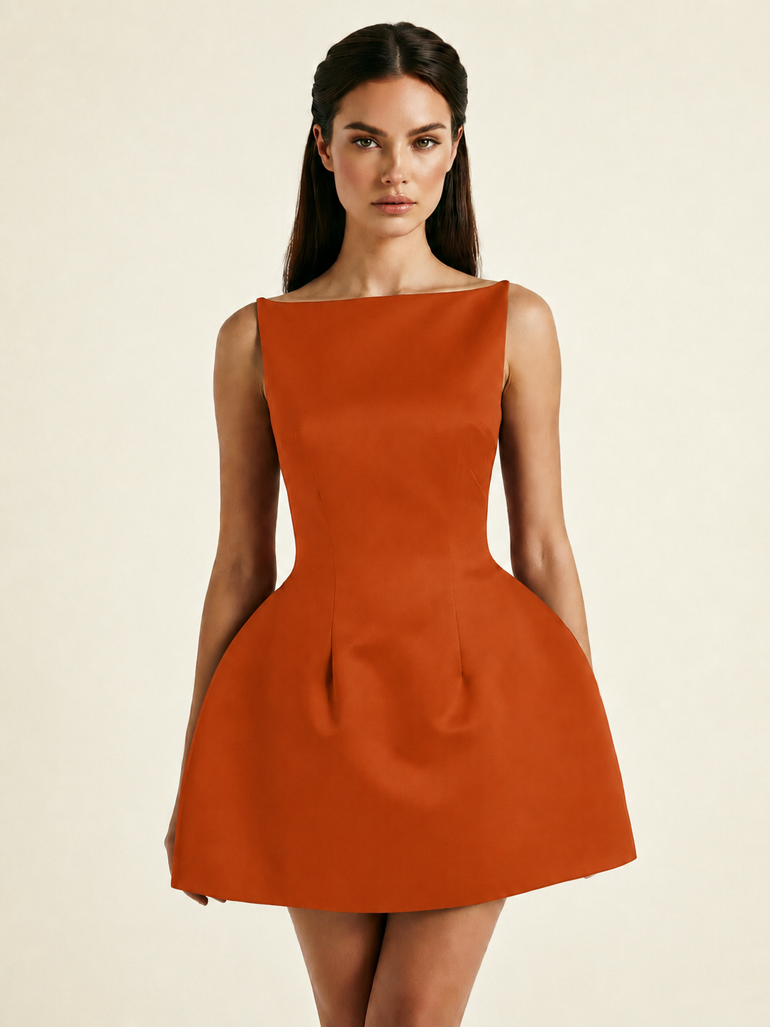 Satin Boat Neck Open Back Fit & Flare Mini Dress